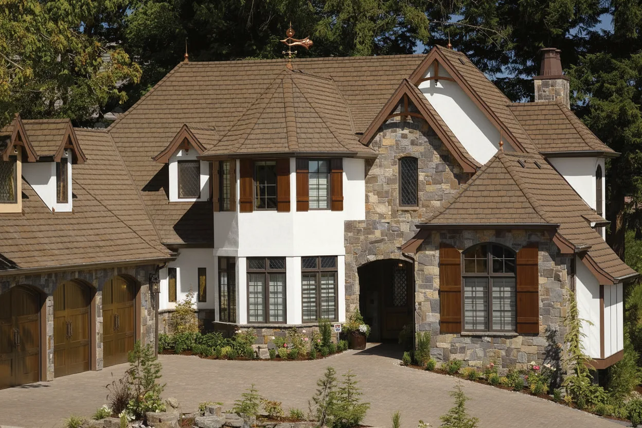 White house with Brown roof using Grand Manor Brownstone