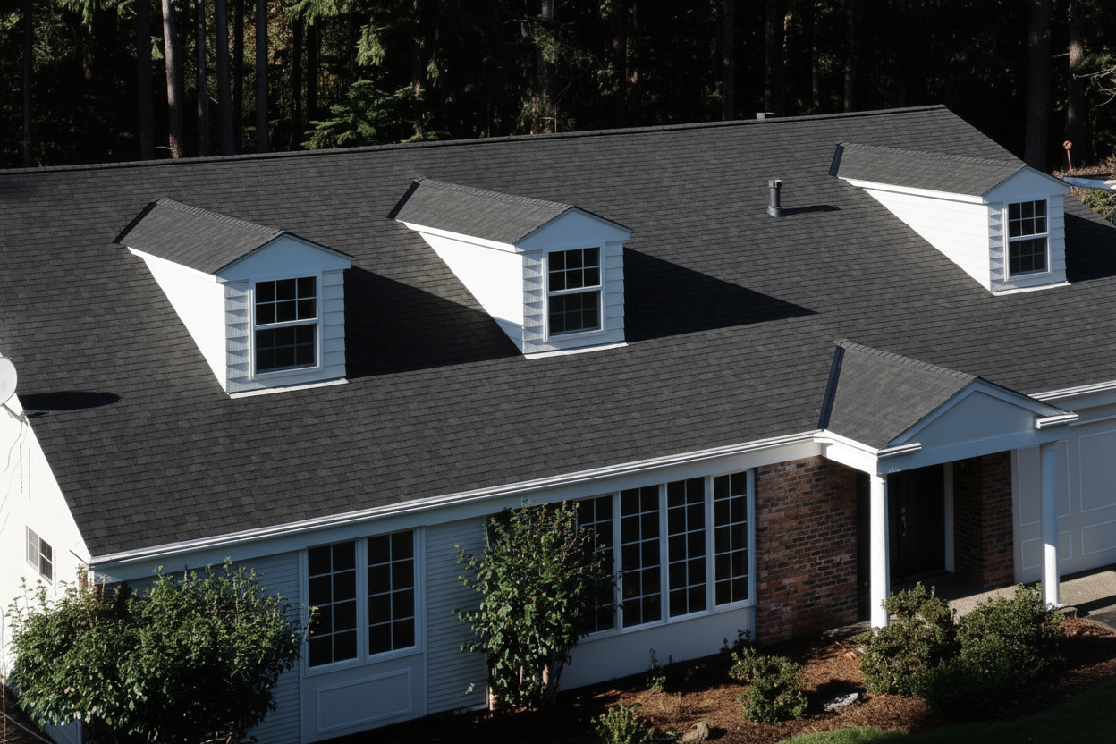 White house with Brown roof using Landmark Black Walnut