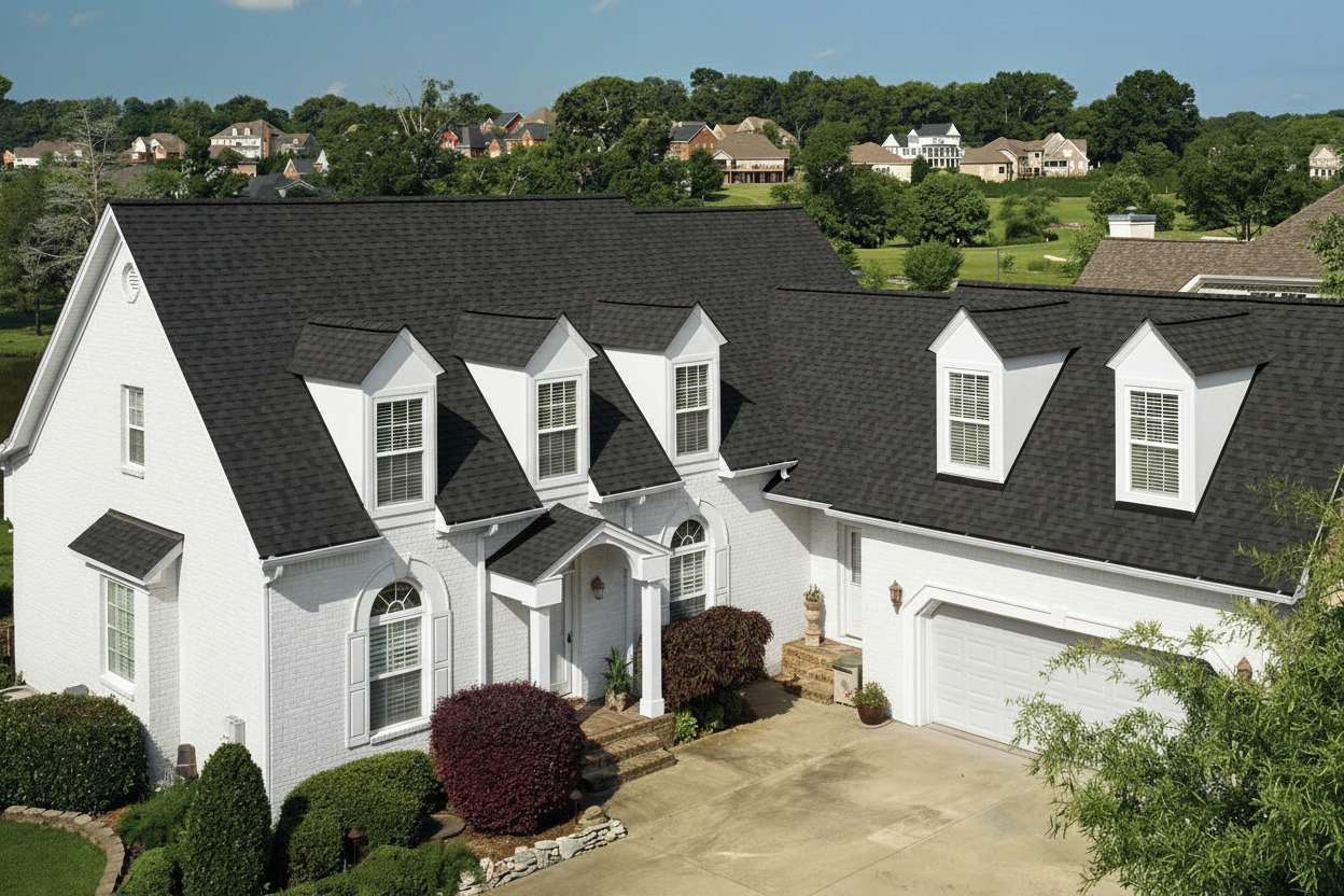 White house with Brown roof using Landmark Pro Max Def Black Walnut