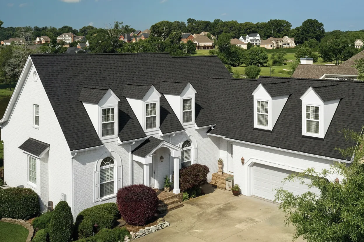 White house with Brown roof using Landmark Pro Max Def Black Walnut