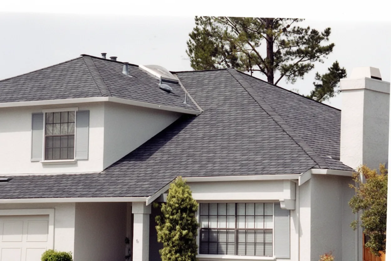 White house with Charcoal roof using Grand Manor Black Pearl