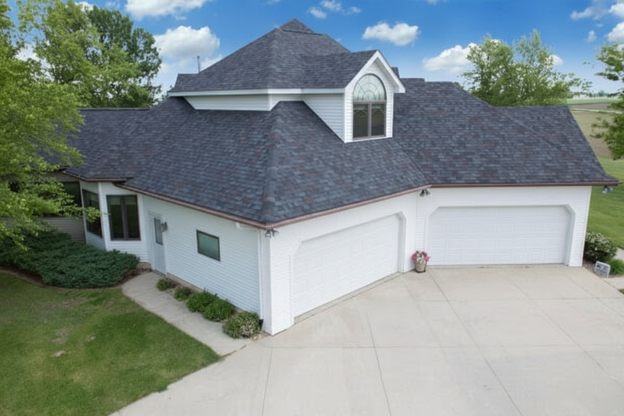 White house with Charcoal roof using Legacy Black Oak