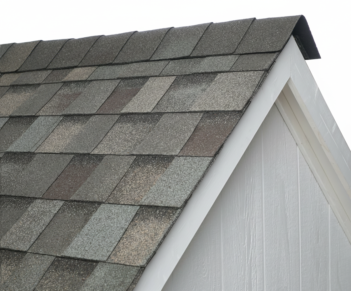 White house with Weathered Wood roof