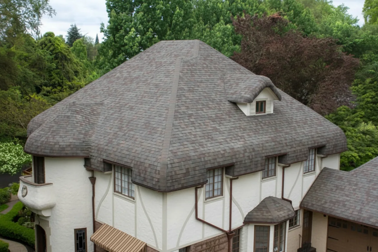 White house with Weathered Wood roof using Legacy Natural Wood