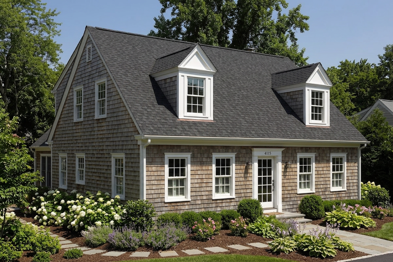 Cape Cod home with Black roof -- CertainTeed Landmark Charcoal Black (left-34)