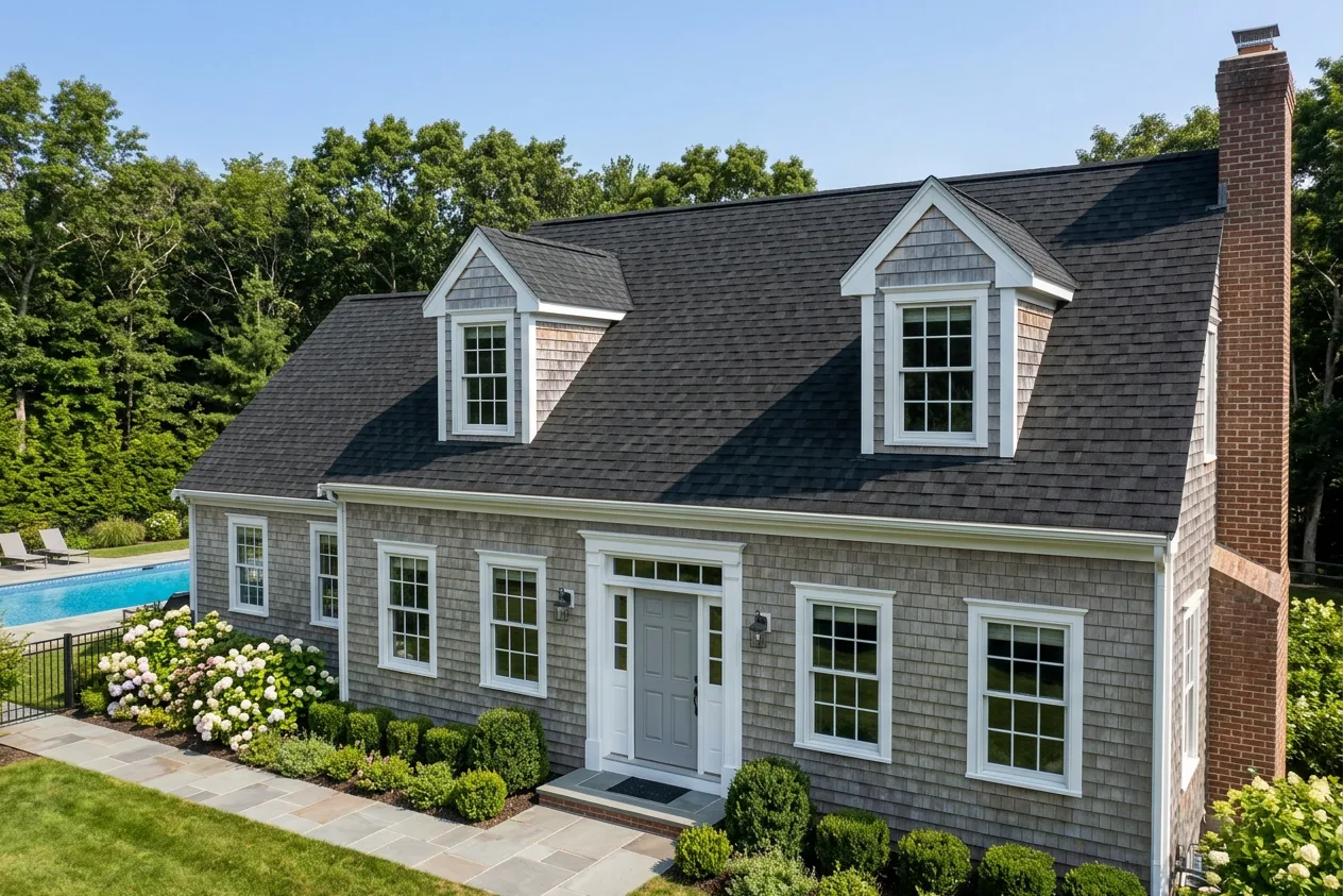 Cape Cod home with Black roof -- IKO Dynasty Granite Black (left-34)
