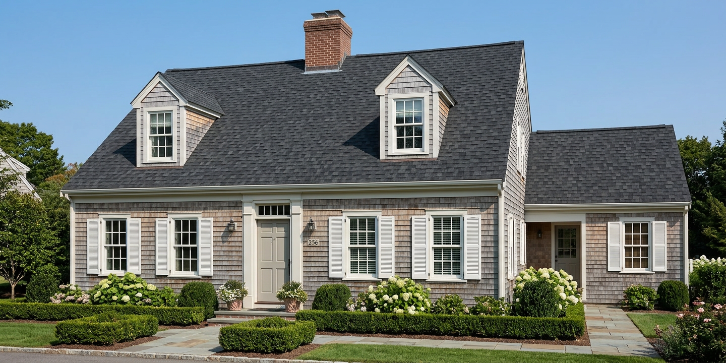 Cape Cod home with Black roof -- TAMKO Heritage Rustic Black (right-34)