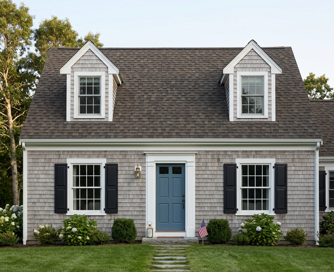 Cape Cod home with brown roof