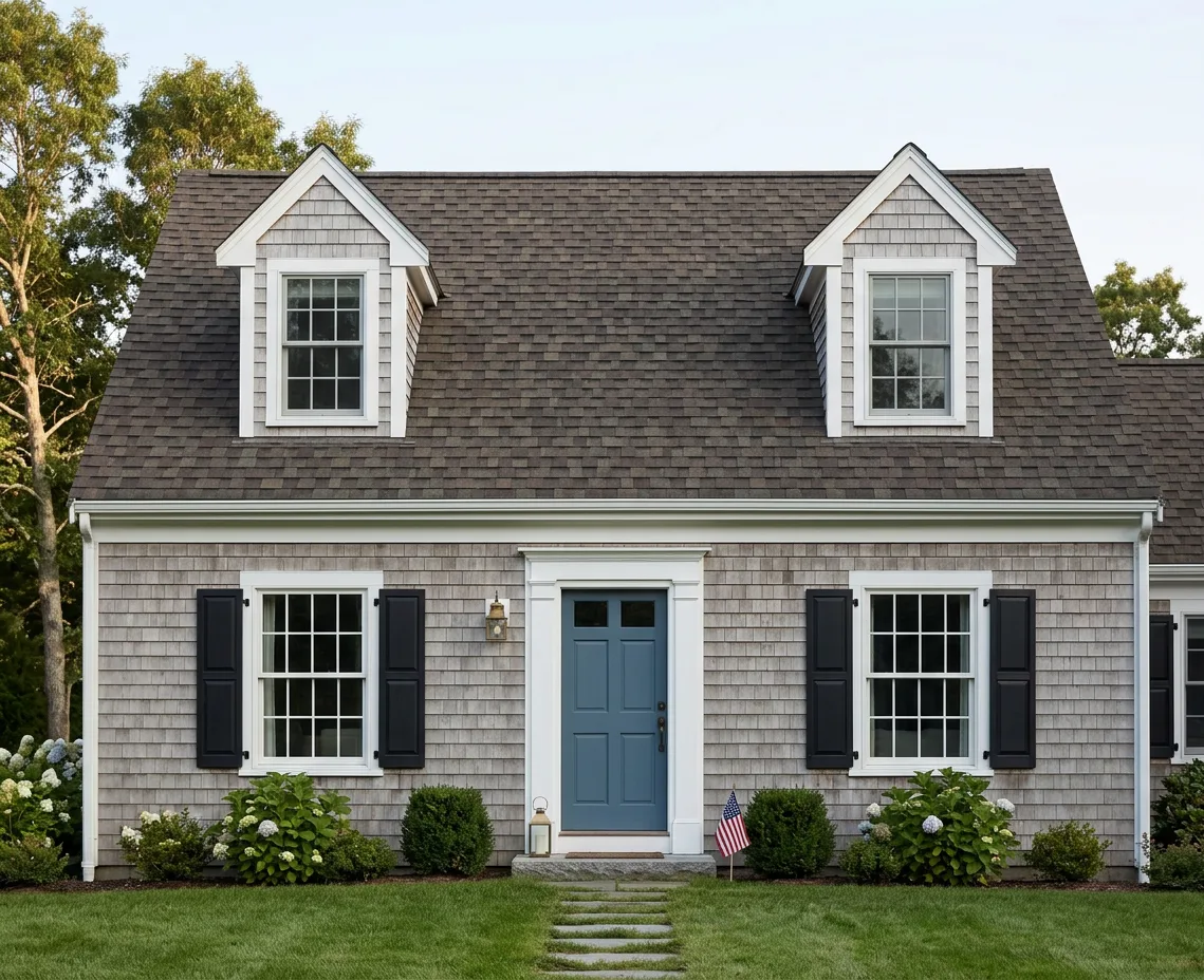 Cape Cod home with Brown roof -- Atlas Pinnacle Pristine WEATHERED SHADOW (front)