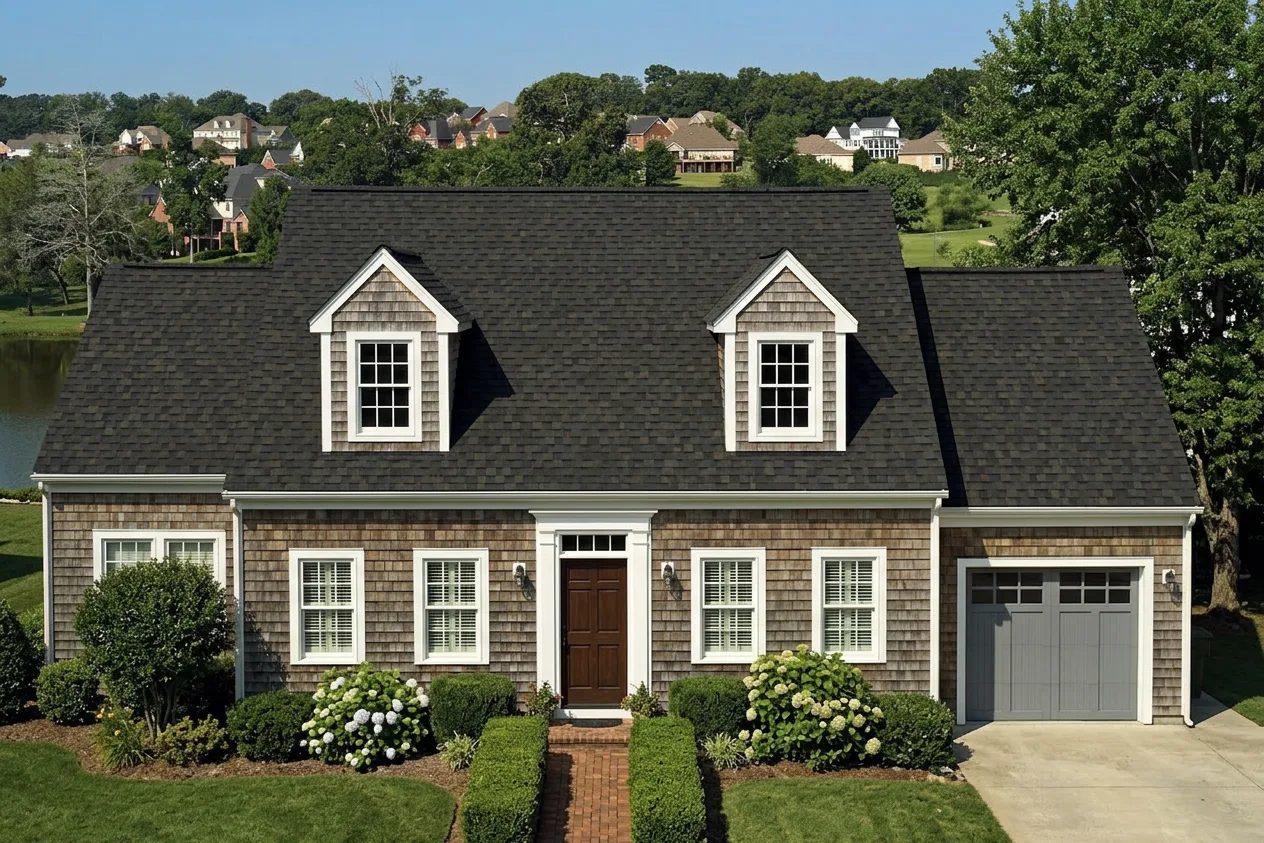 Cape Cod home with Brown roof -- CertainTeed Landmark Pro Max Def Black Walnut (front)