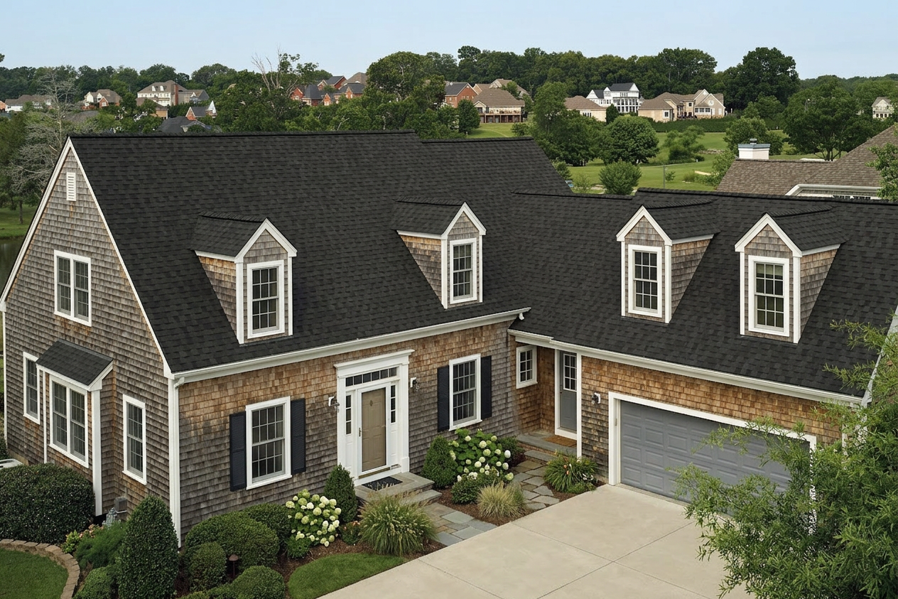 Cape Cod home with Brown roof -- CertainTeed Landmark Pro Max Def Black Walnut (right-34)