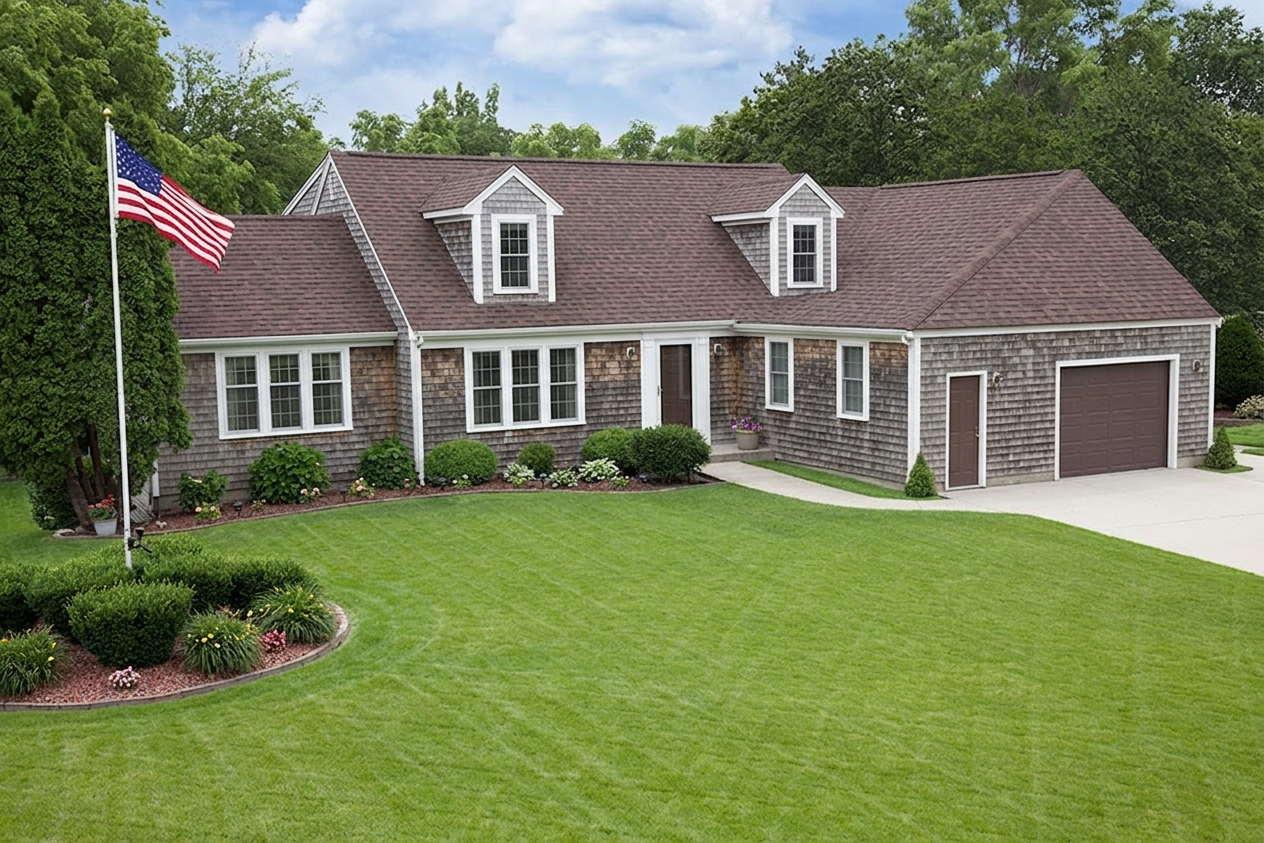 Cape Cod home with Brown roof -- Malarkey Vista Antique Brown (right-34)