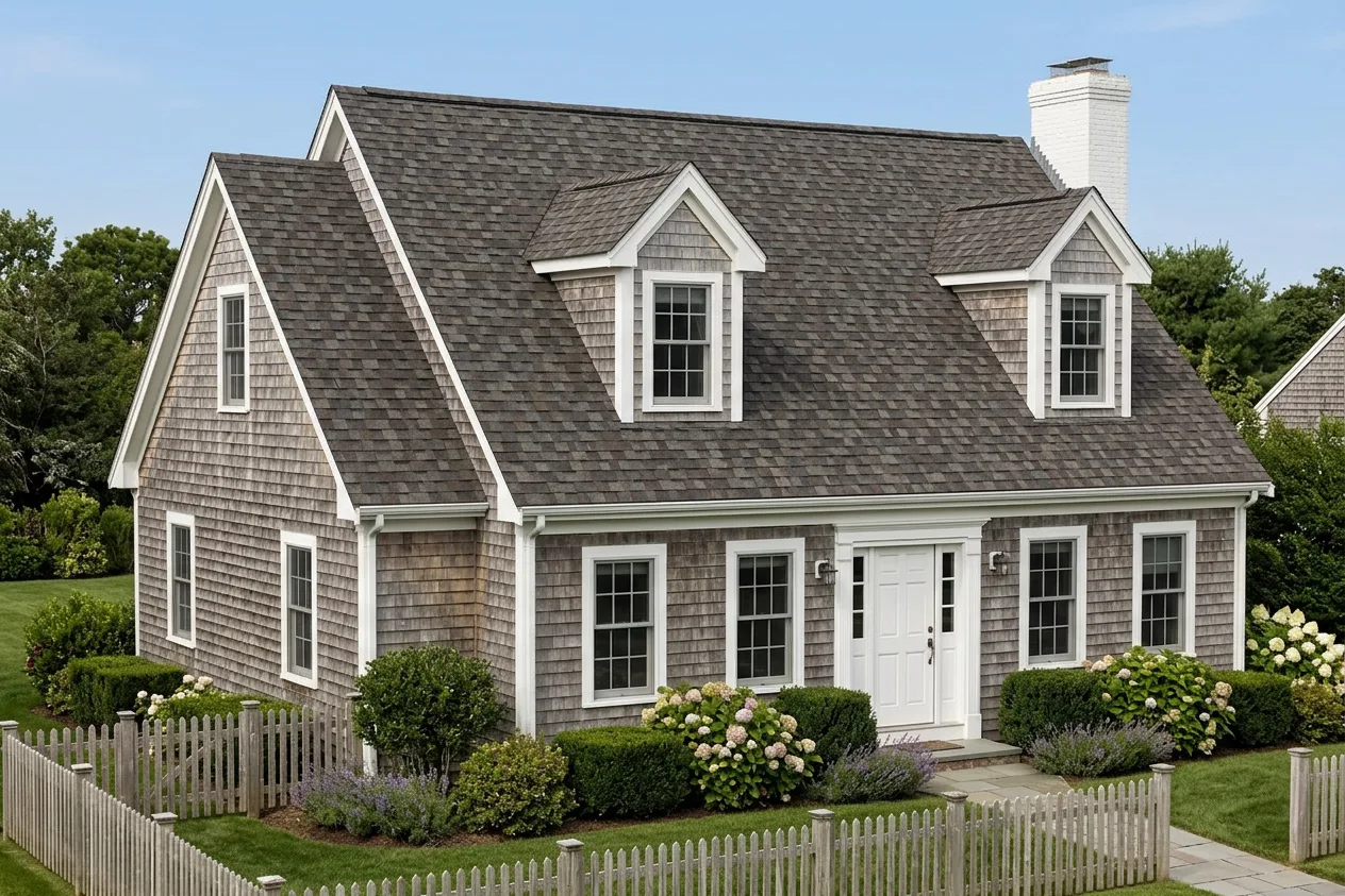 Cape Cod home with Weathered Wood roof -- CertainTeed Landmark Pro Max Def Driftwood (left-34)