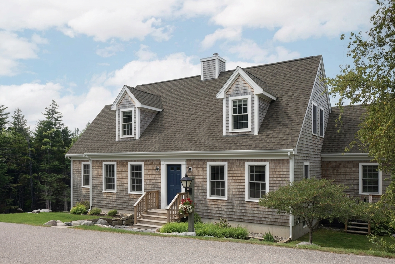 Cape Cod home with Weathered Wood roof -- IKO Dynasty Driftshake (left-34)