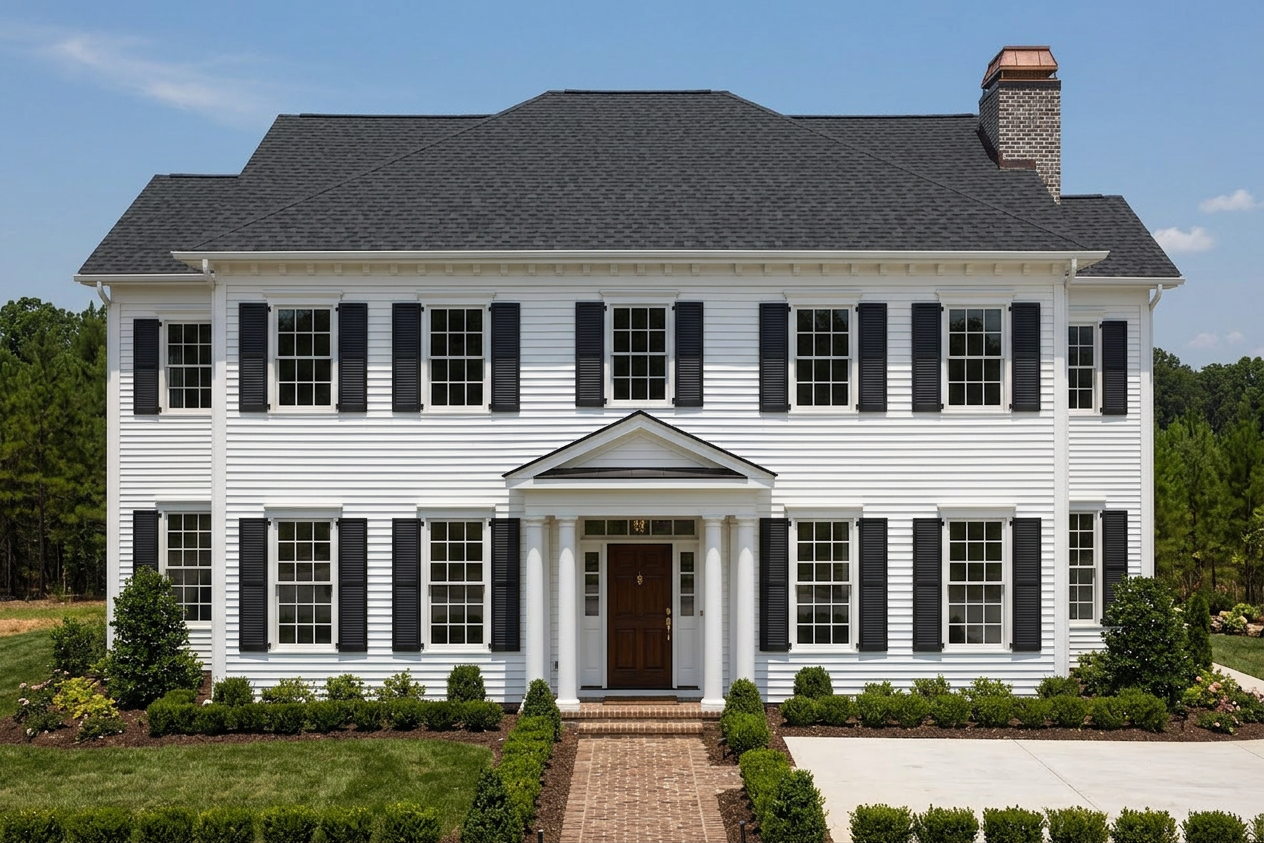 Colonial home with Black roof -- CertainTeed Landmark Pro Cinder Black (front)