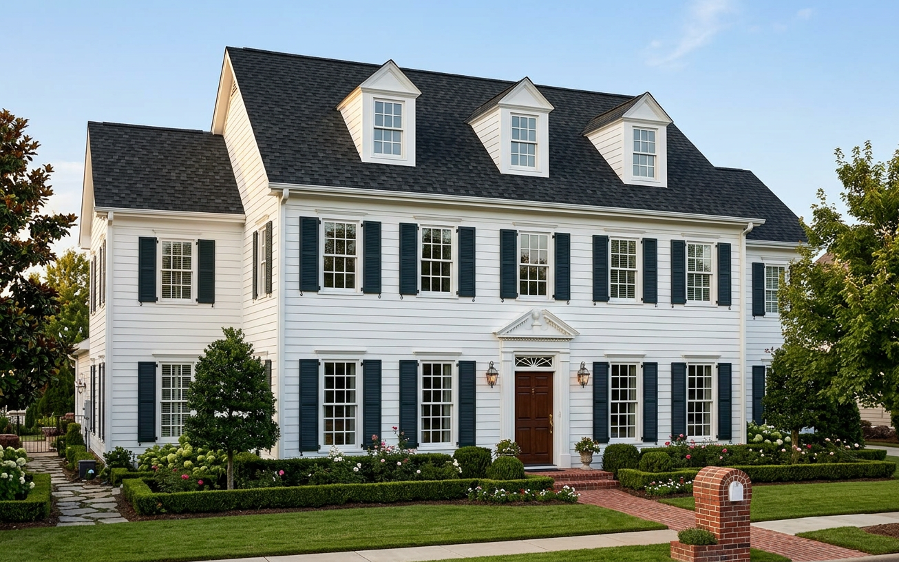 Colonial home with Black roof -- Owens Corning Duration Onyx Black (left-34)