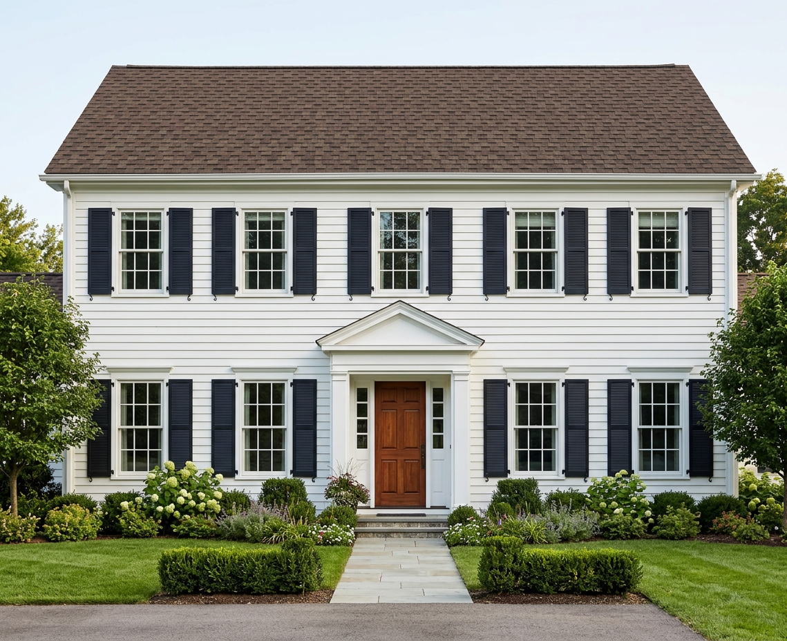 Colonial home with brown roof