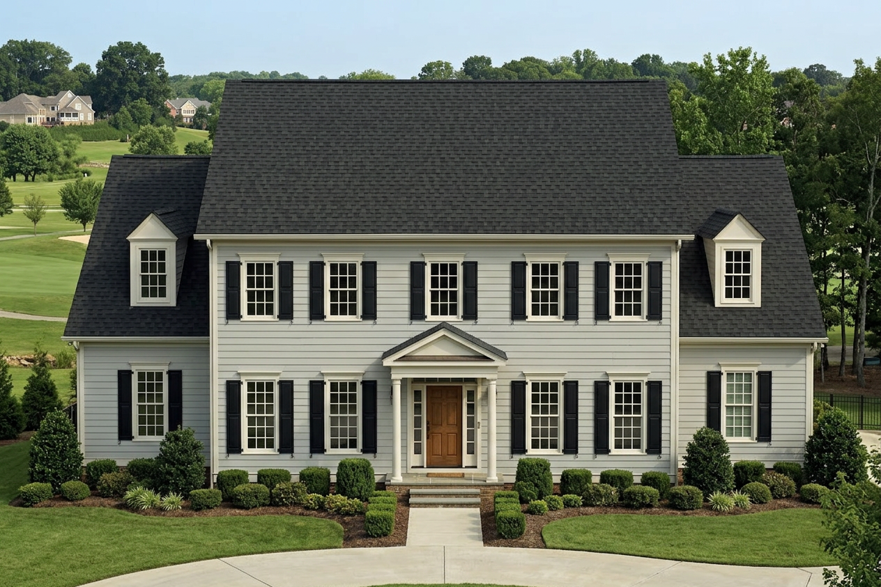 Colonial home with Brown roof -- CertainTeed Landmark Pro Max Def Black Walnut (front)