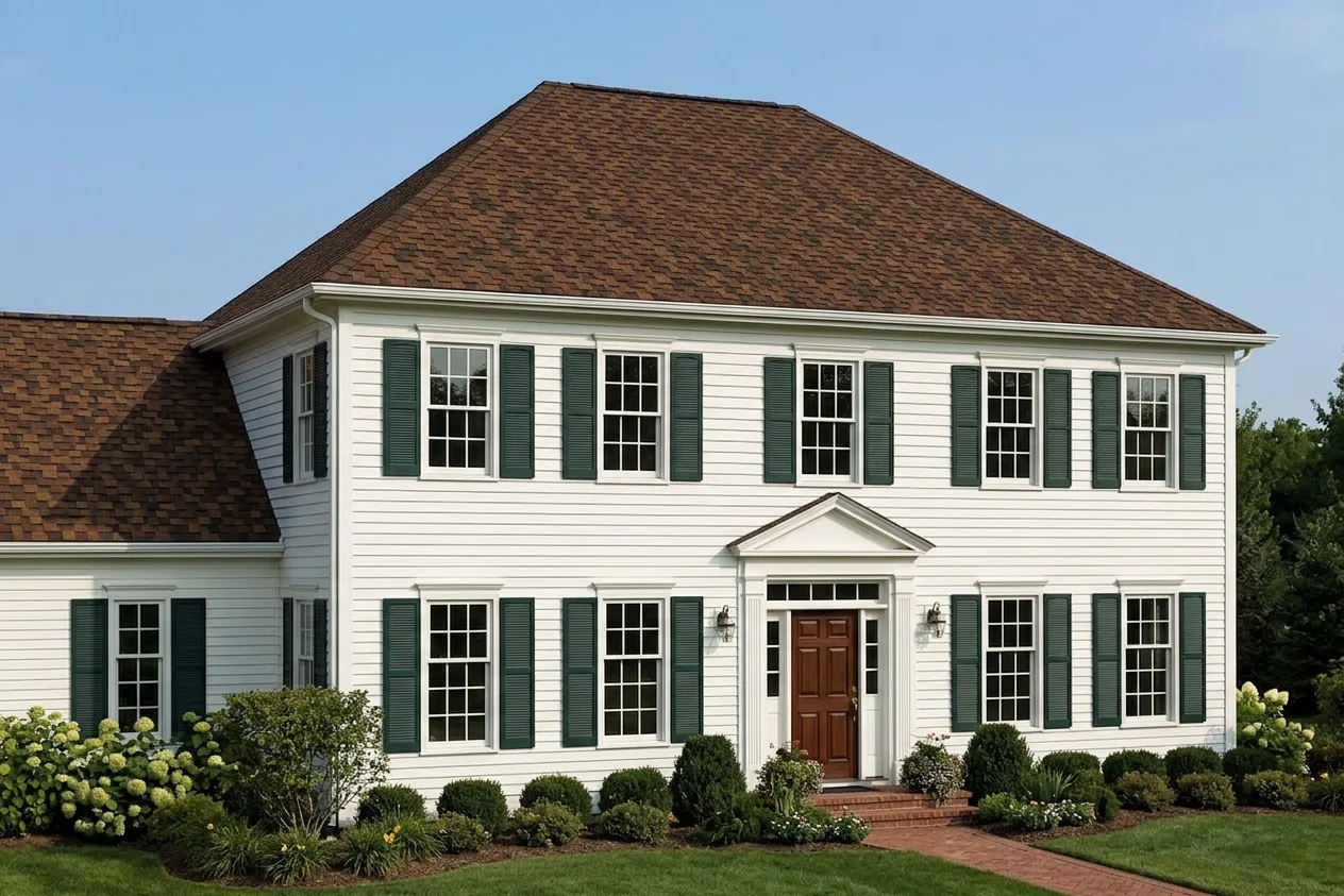 Colonial home with Brown roof -- CertainTeed Presidential Shake Aged Bark (left-34)