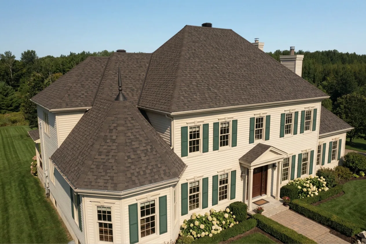 Colonial home with Brown roof -- IKO Dynasty Shadow Brown (left-34)