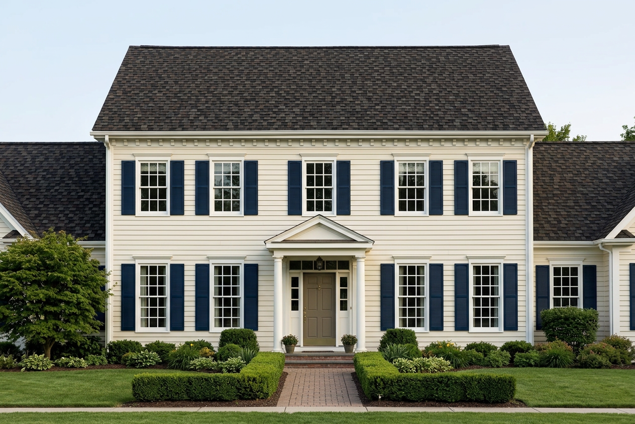 Colonial home with weathered wood roof