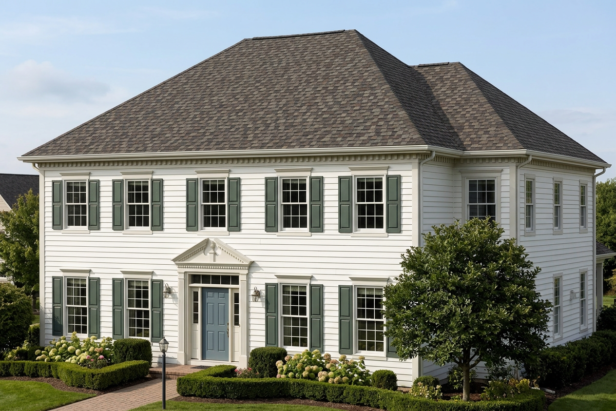 Colonial home with Weathered Wood roof -- CertainTeed Landmark Pro Max Def Driftwood (right-34)