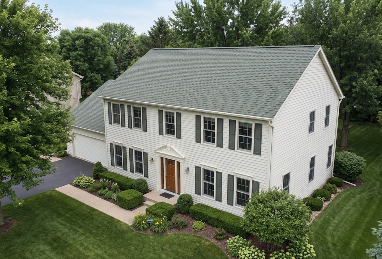 Colonial home with Weathered Wood roof -- Malarkey Vista Weathered Wood (right-34)