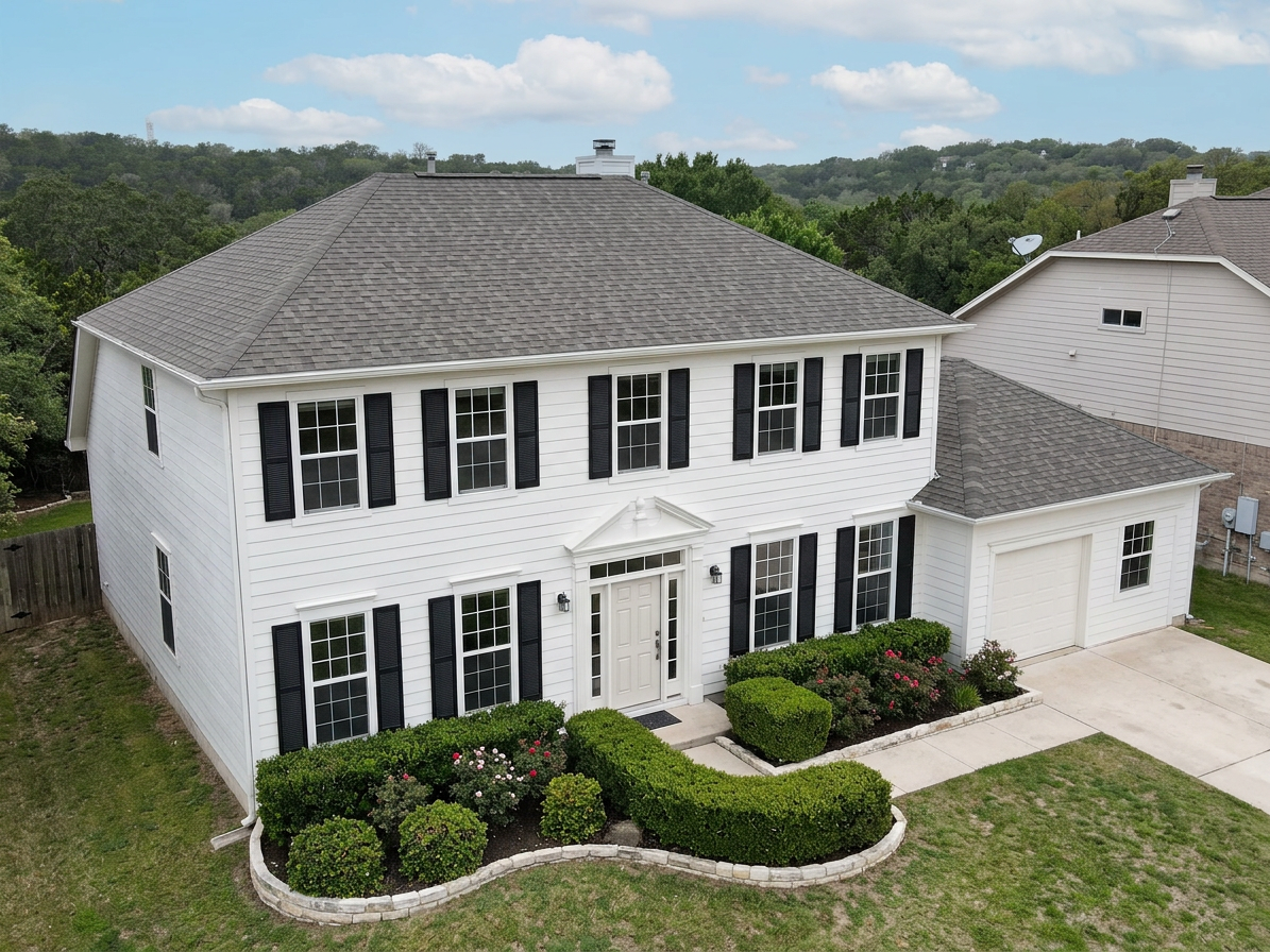 Colonial home with Weathered Wood roof -- Owens Corning Oakridge Driftwood (left-34)