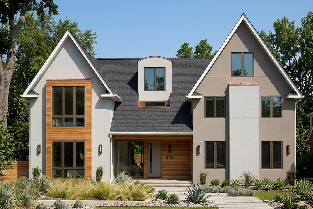 Contemporary home with black roof