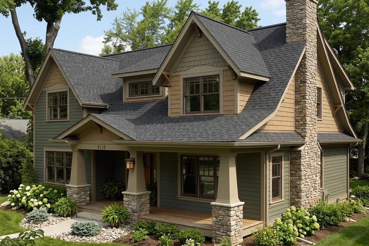 Craftsman home with Black roof -- CertainTeed Landmark Charcoal Black (left-34)