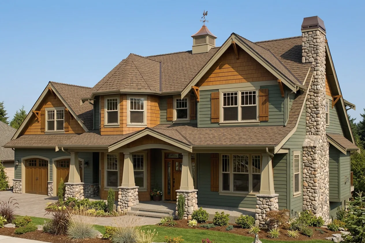 Craftsman home with Brown roof -- CertainTeed Grand Manor Brownstone (left-34)