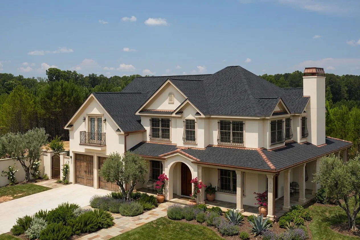 Mediterranean home with Black roof -- CertainTeed Landmark Pro Cinder Black (left-34)