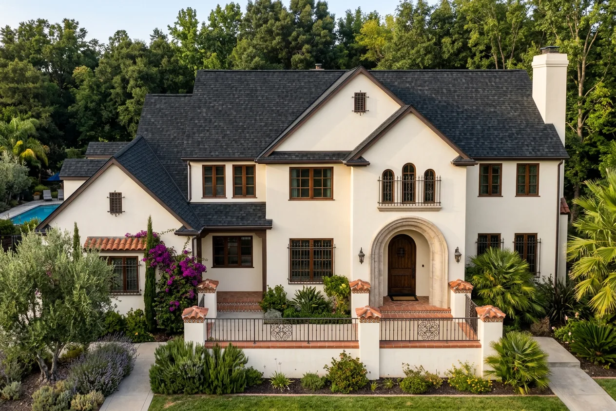Mediterranean home with Black roof -- IKO Dynasty Granite Black (front)