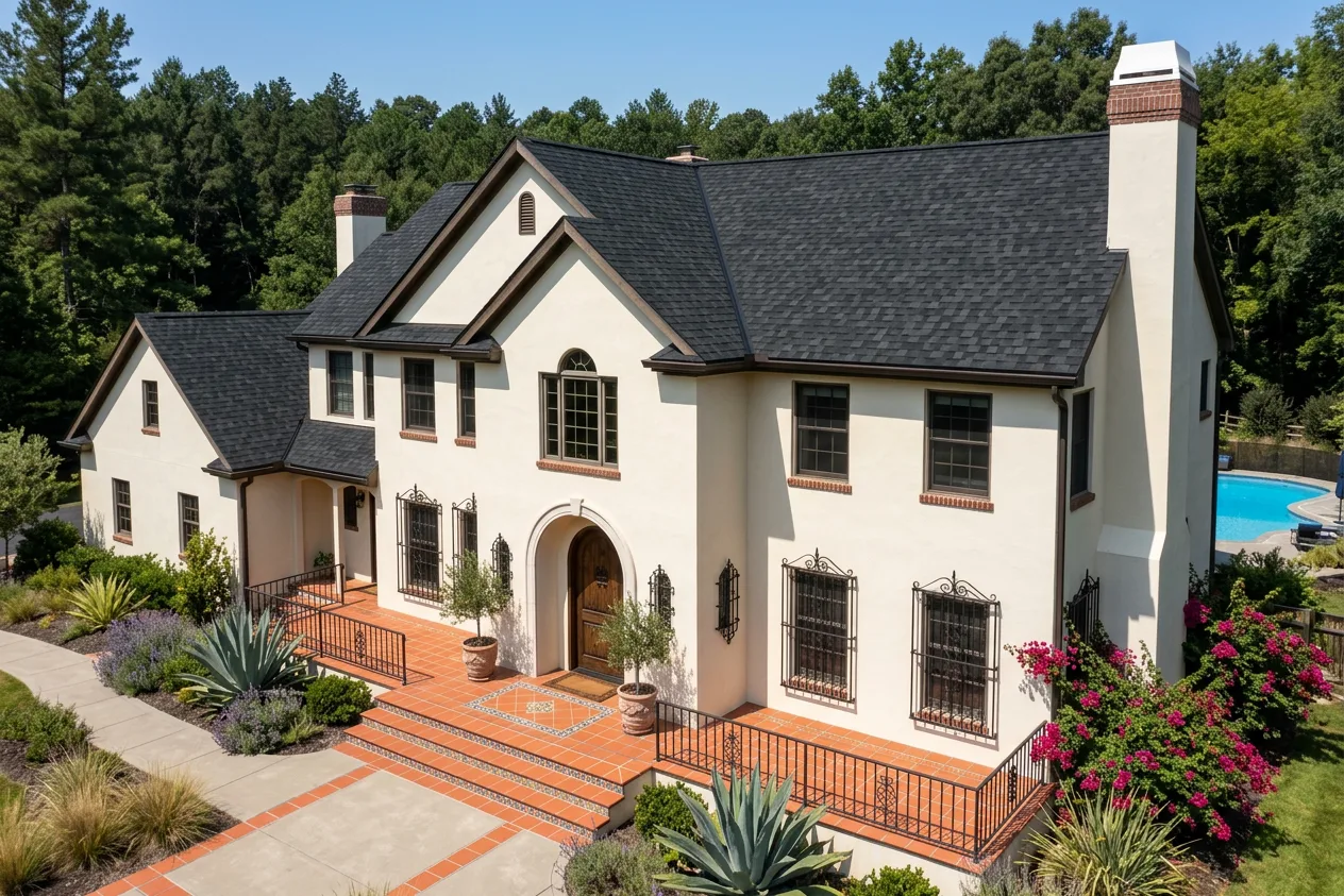 Mediterranean home with Black roof -- IKO Dynasty Granite Black (right-34)
