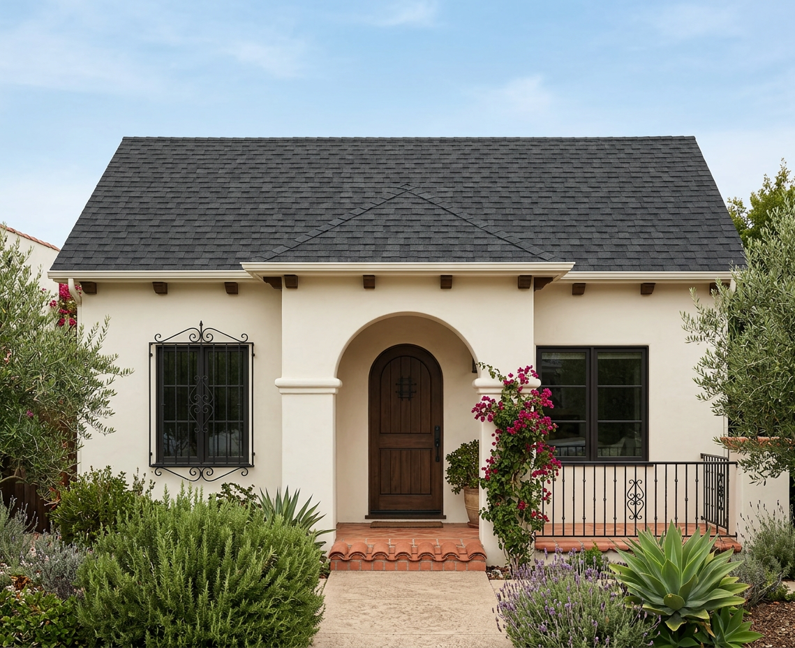 Mediterranean home with charcoal roof