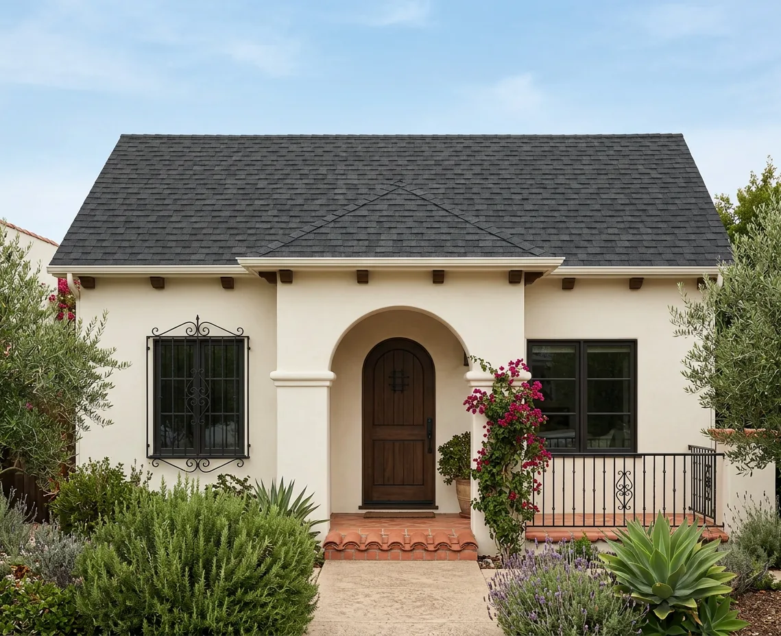 Mediterranean home with Charcoal roof -- Atlas Pinnacle Pristine BLACK SHADOW (front)
