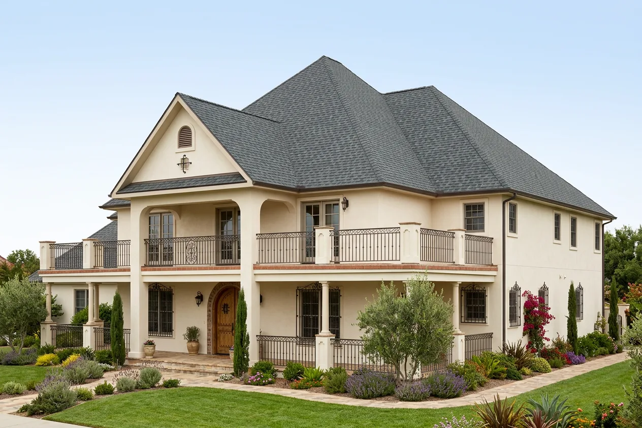 Mediterranean home with Charcoal roof -- CertainTeed Landmark Colonial Slate (right-34)