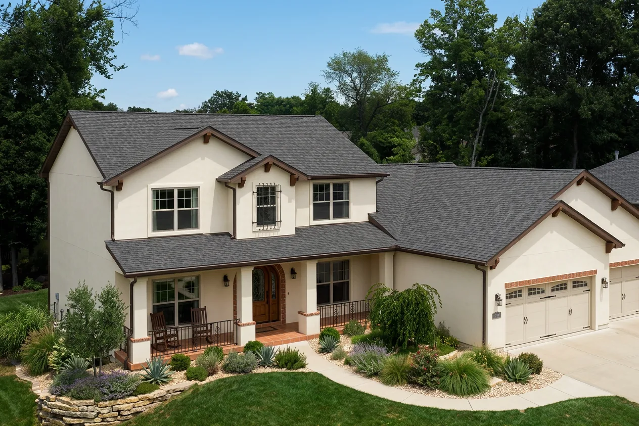 Mediterranean home with Charcoal roof -- CertainTeed Landmark Pro Max Def Colonial Slate (front)