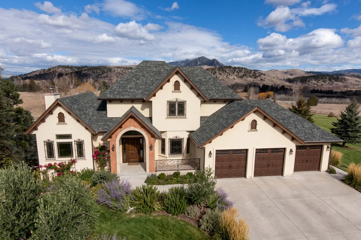 Mediterranean home with Charcoal roof -- Malarkey Legacy Storm Grey (left-34)