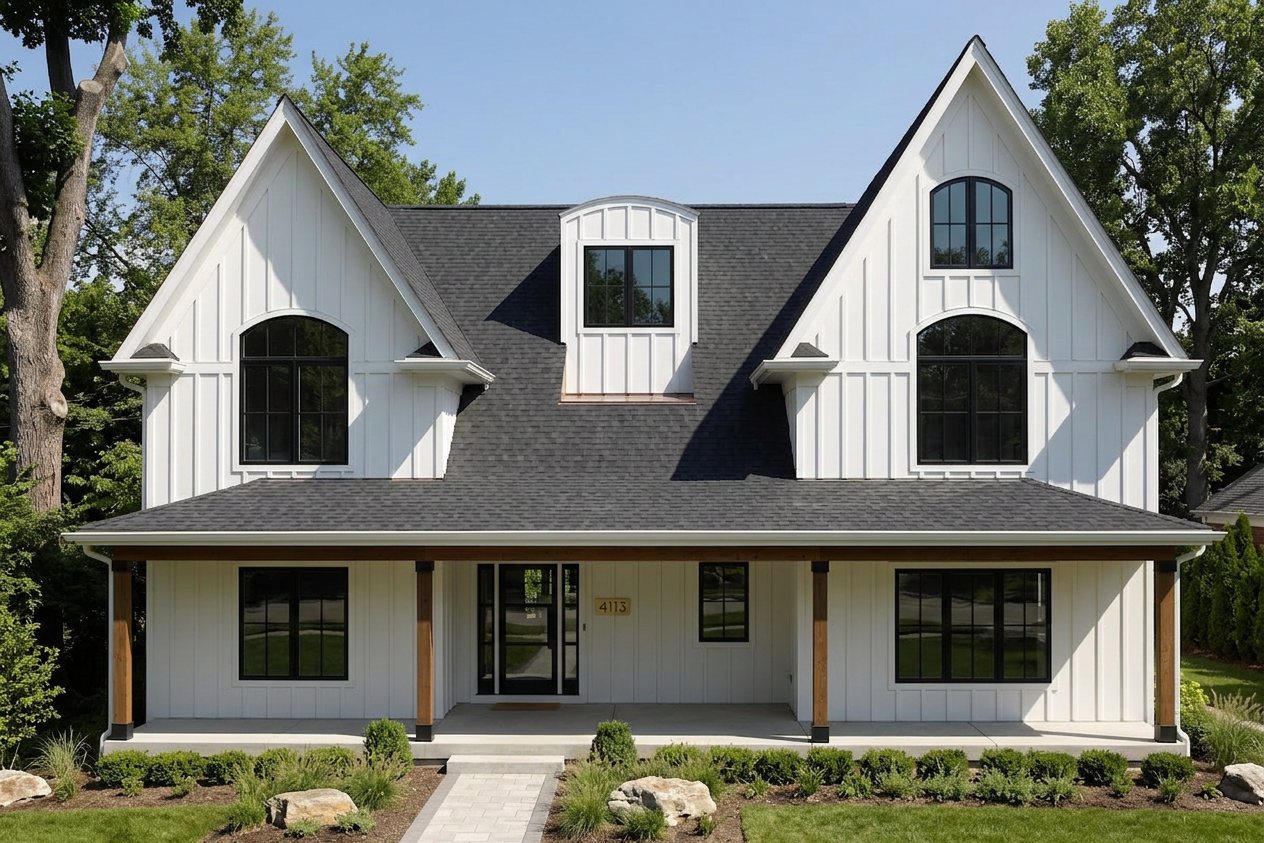 Modern Farmhouse home with black roof