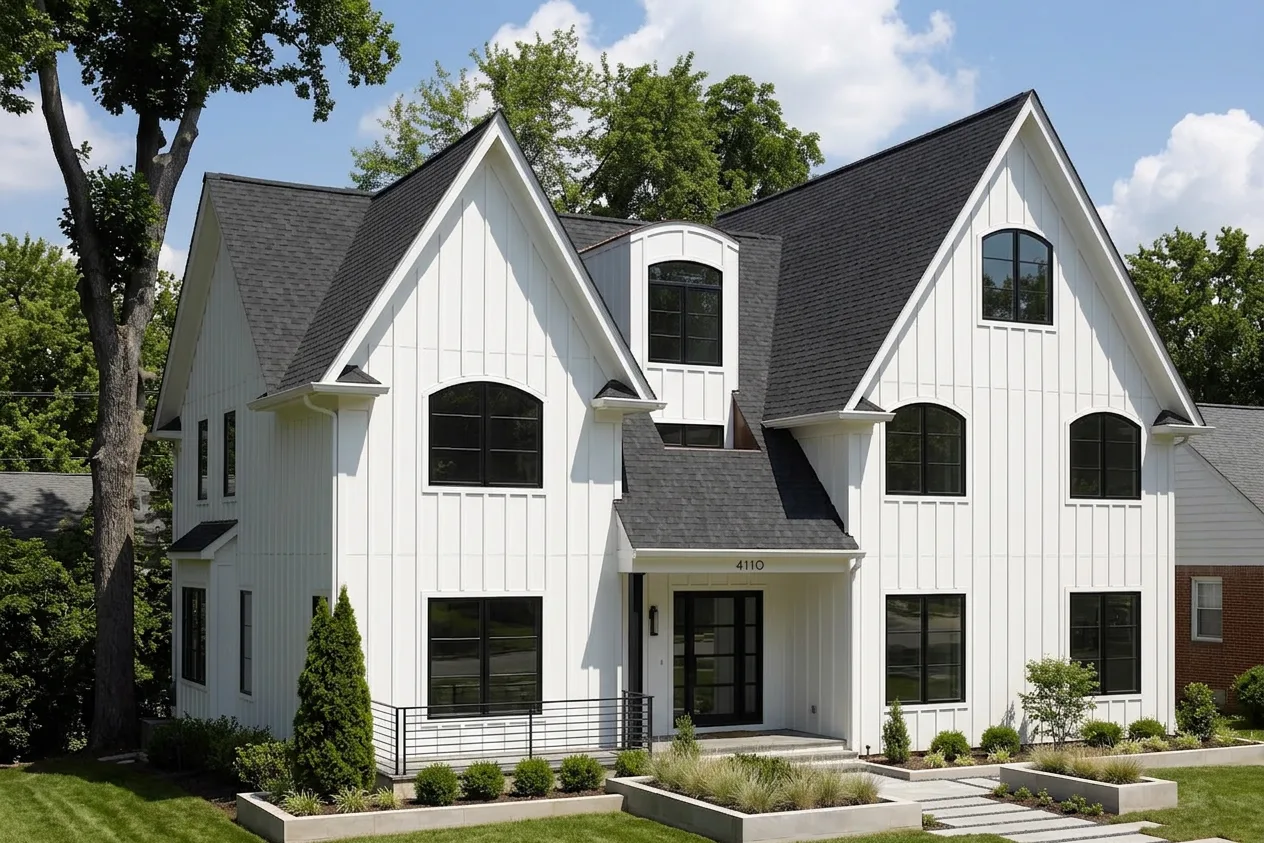 Modern Farmhouse home with Black roof -- CertainTeed Landmark Charcoal Black (left-34)