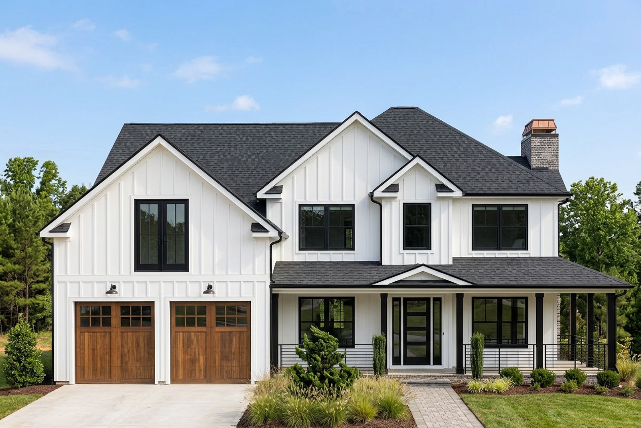 Modern Farmhouse home with Black roof -- CertainTeed Landmark Pro Cinder Black (front)