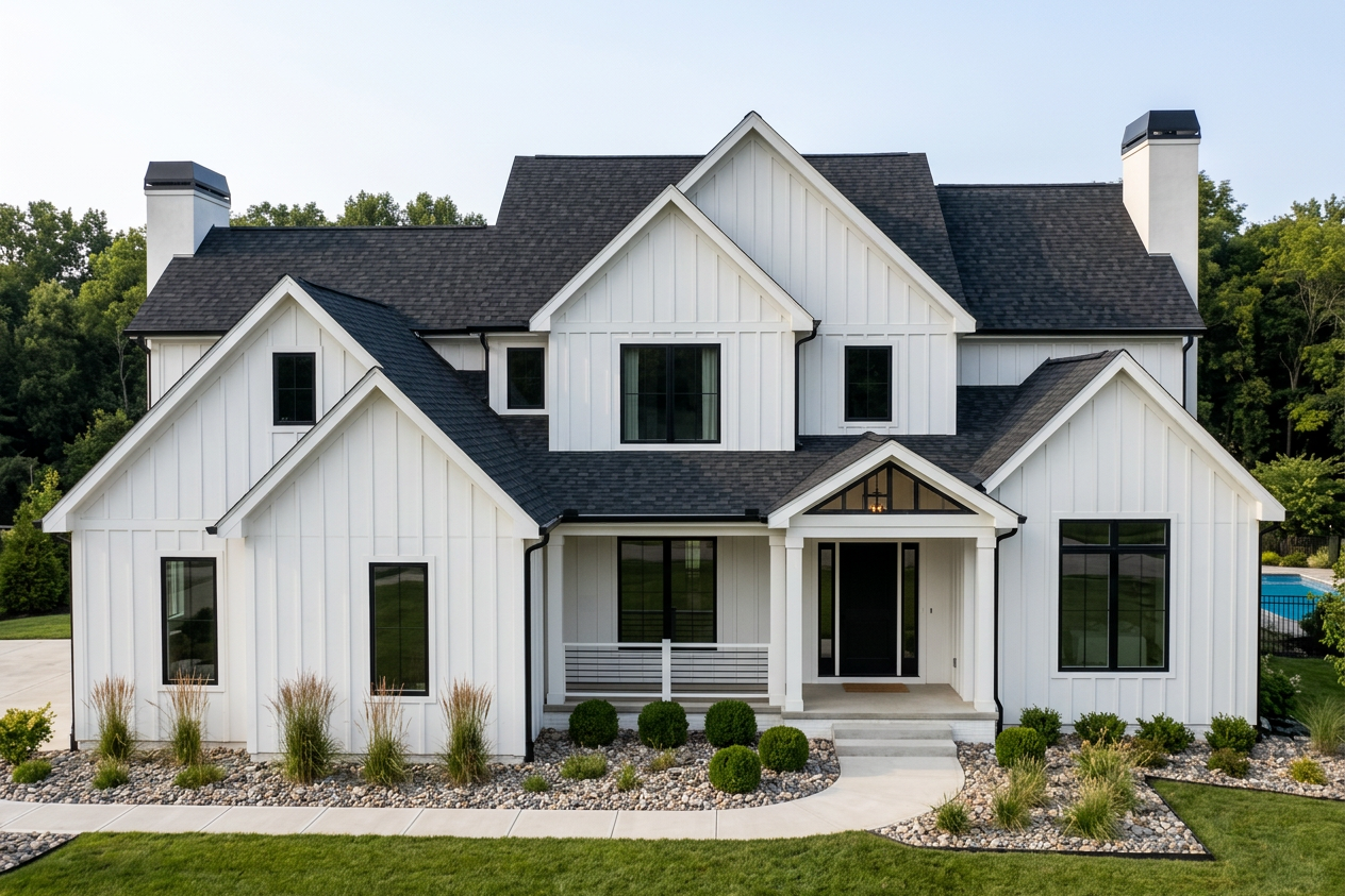 Modern Farmhouse home with Black roof -- IKO Dynasty Granite Black (front)
