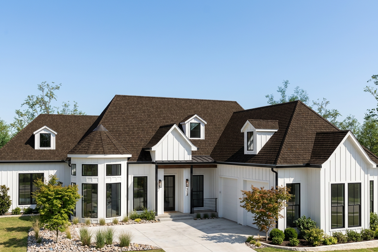 Modern Farmhouse home with Brown roof -- CertainTeed Grand Manor Chestnut (front)