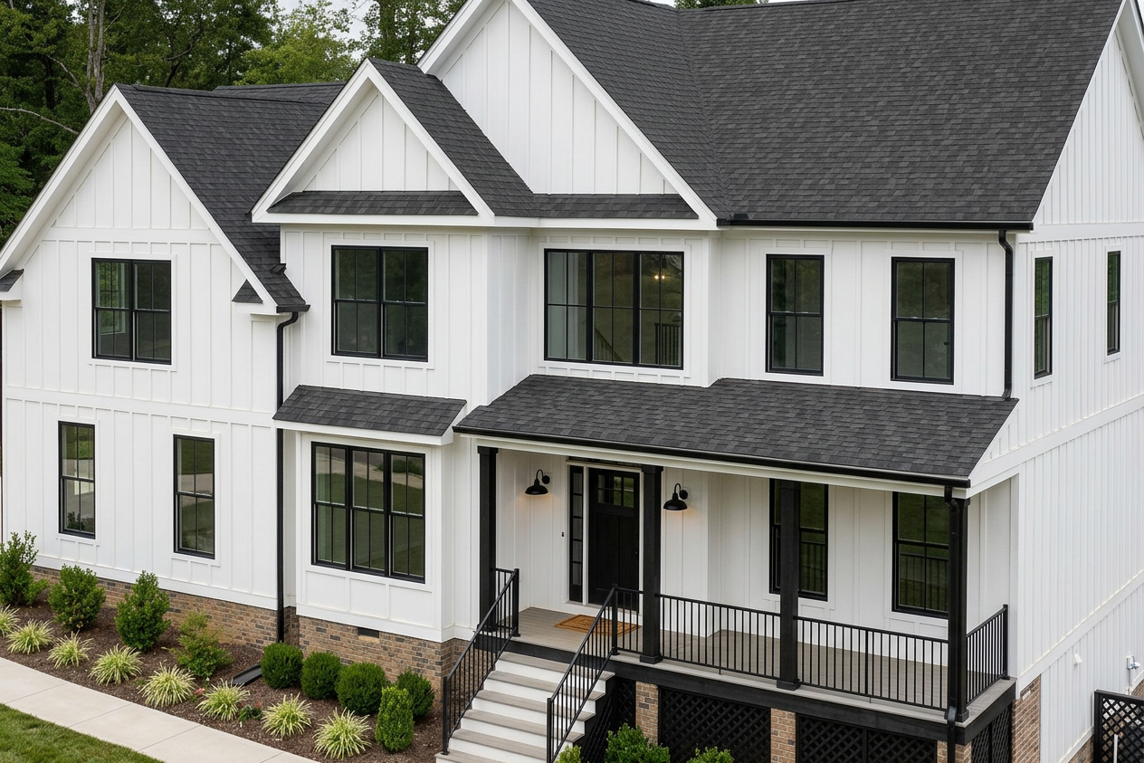 Modern Farmhouse home with Brown roof -- CertainTeed Landmark Pro Max Def Espresso (front)