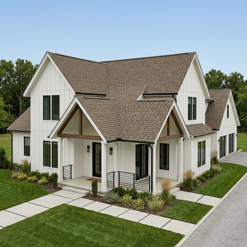 Modern Farmhouse home with Brown roof -- IKO Cambridge Beachwood (left-34)