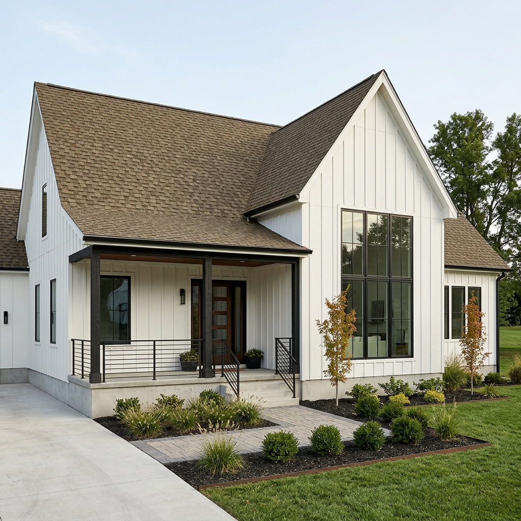 Modern Farmhouse home with Brown roof -- IKO Cambridge Beachwood (right-34)