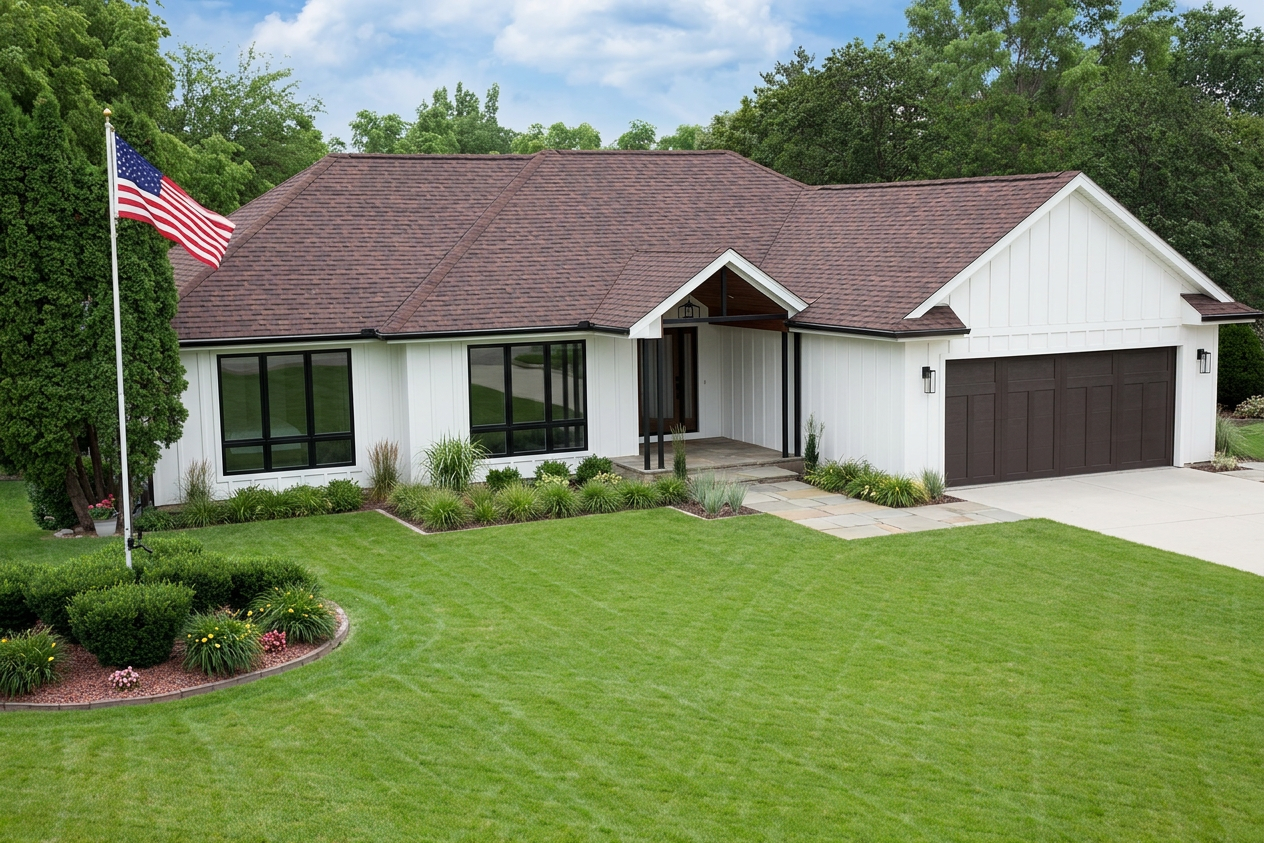 Modern Farmhouse home with Brown roof -- Malarkey Vista Antique Brown (right-34)