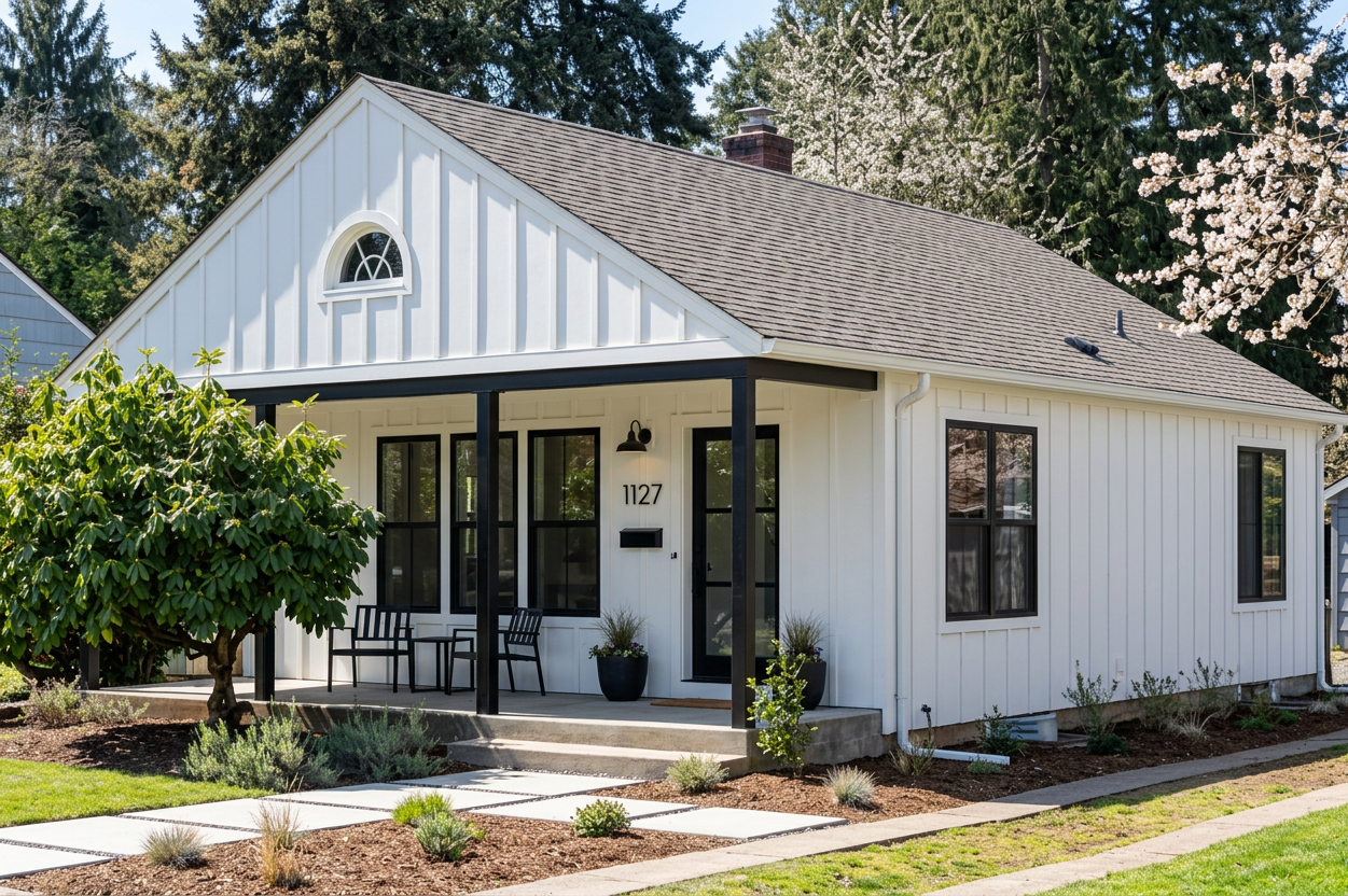 Modern Farmhouse home with Charcoal roof -- Malarkey Legacy Midnight Black (right-34)