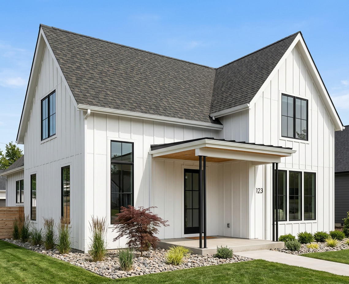 Modern Farmhouse home with Weathered Wood roof -- Atlas Pinnacle Pristine WEATHERED WOOD (left-34)